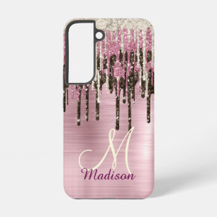Cute Rose gold Brown Glitter Drips monogram Samsung Galaxy Case