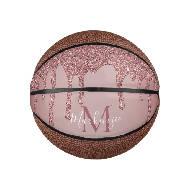 Cute Rose Gold Dripping Glitter Monogram Mini Basketball (Front)