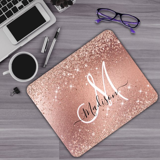 Cute rose gold faux glitter monogram mouse pad (Creator Uploaded)
