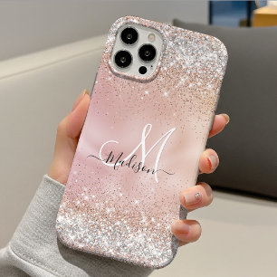Cute rose gold faux silver glitter monogram Case-Mate iPhone case