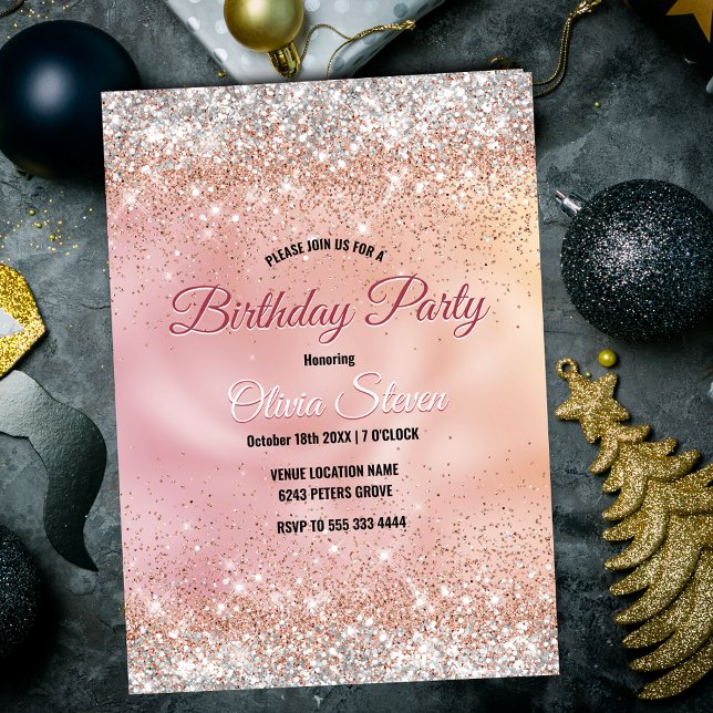 Cute rose gold faux silver glitter monogram invitation (Creator Uploaded)