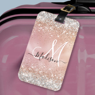 Cute rose gold faux silver glitter monogram luggage tag
