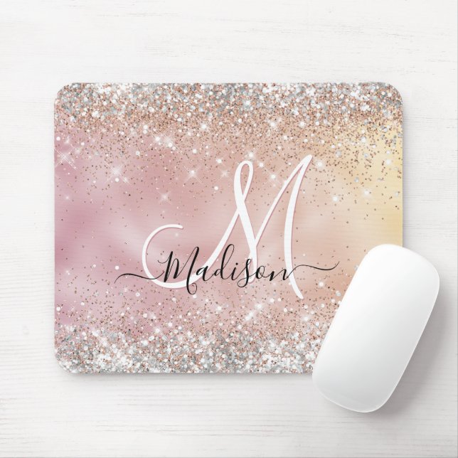 Cute rose gold faux silver glitter monogram mouse pad (With Mouse)