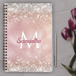 Cute rose gold faux silver glitter monogram notebook