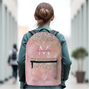 Cute rose gold faux silver glitter monogram printed backpack