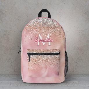 Cute rose gold faux silver glitter monogram printed backpack