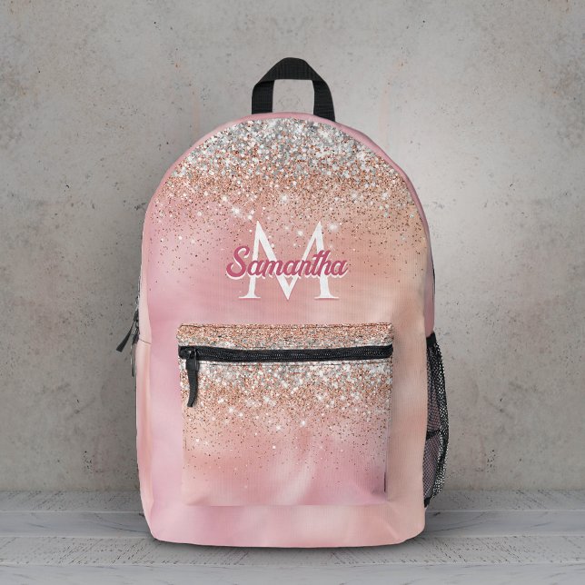 Cute rose gold faux silver glitter monogram printed backpack (Creator Uploaded)