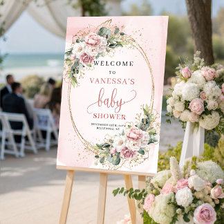 Cute Rose Gold Floral Baby Shower Welcome Sign