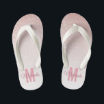Cute Rose Gold Glitter Girly Pink Monogram Name Kid's Jandals<br><div class="desc">A cute modern and trendy rose gold glitter design that features a monogram initial as well as a customizable first name text design in script handwritten font. Makes a perfect bride or bridesmaid bachelorette party gift,  or a great gift for a girl's birthday.</div>