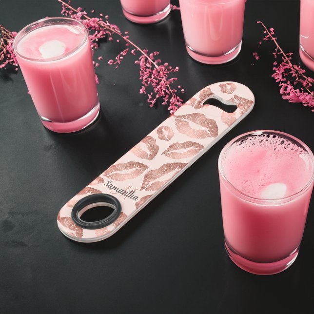 Cute rose gold lips kiss blush pink girly monogram (Cute rose gold lips kiss blush pink girly monogram bar key)