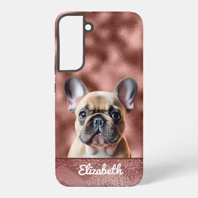 Cute Rose Gold Pink French Bulldog Pretty Chic Samsung Galaxy S22+ Case (Back)