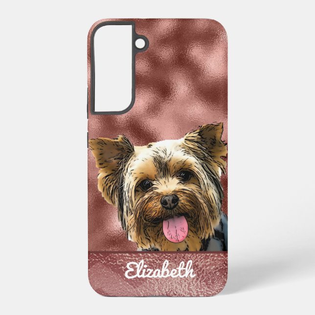 Cute Rose Gold Pink Yorkie Dog Name Pretty Chic Samsung Galaxy S22+ Case (Back)