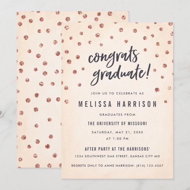 Cute Rose Gold Polka Dot Graduation Invitations (Front/Back)