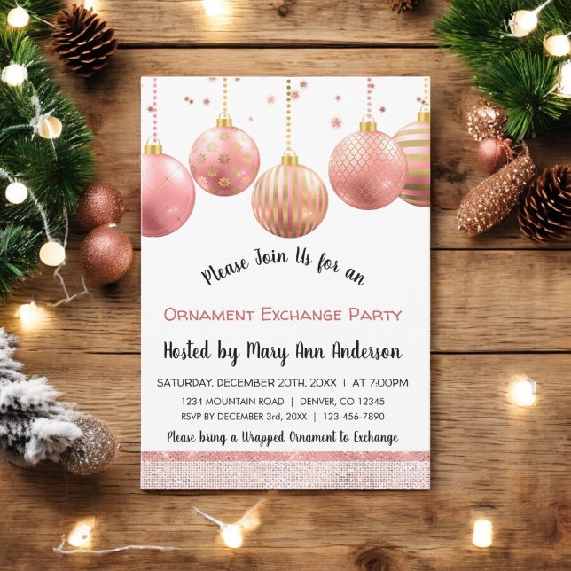 Cute Rose Gold Sparkle Ornament Exchange Party Invitation (Creator Uploaded)