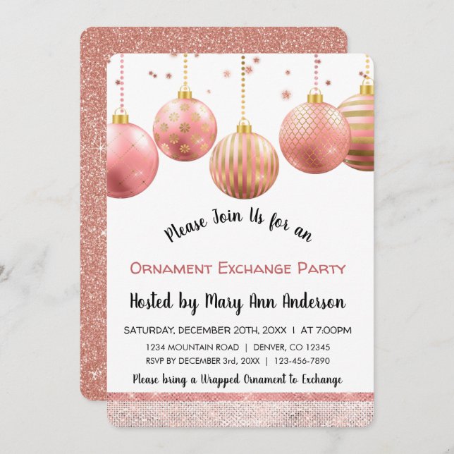Cute Rose Gold Sparkle Ornament Exchange Party Invitation (Front/Back)