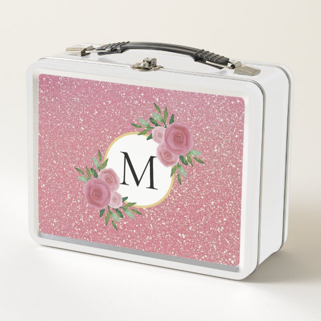 Cute Rose Gold Sparkle Pink Floral Monogram Metal Lunch Box (Front)
