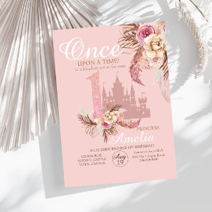 Cute Rose Pink Castle Flower Pampas 1st Birthday Invitation