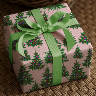 Cute Rose Pink Colourful Christmas Trees Wrapping Paper