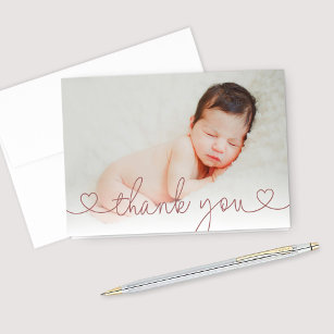 Cute Rose Pink Heart Script Custom Baby Girl Photo Thank You Card