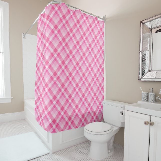 Cute Rosy Pink Plaid Pattern Shower Curtain (In Situ)