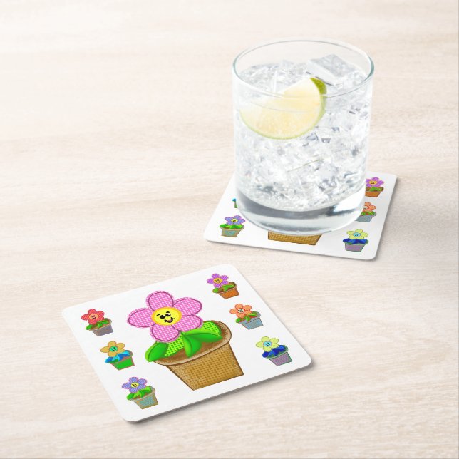 Cute Rosy Posy Potted Flowers Paper Coasters (Insitu)