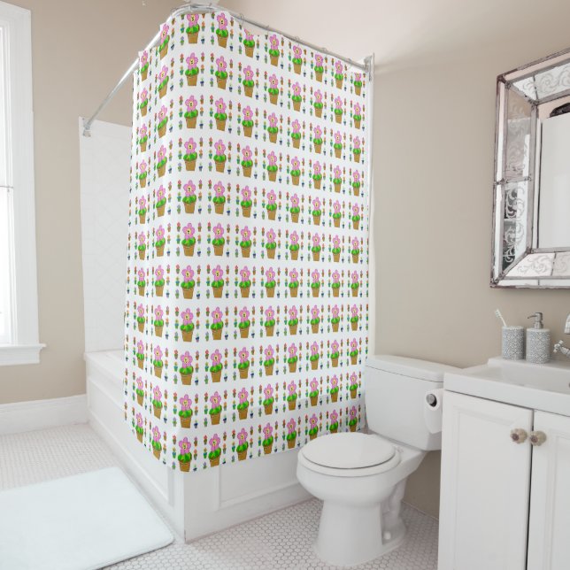 Cute Rosy Posy Potted Flowers Repeating Pattern Shower Curtain (In Situ)