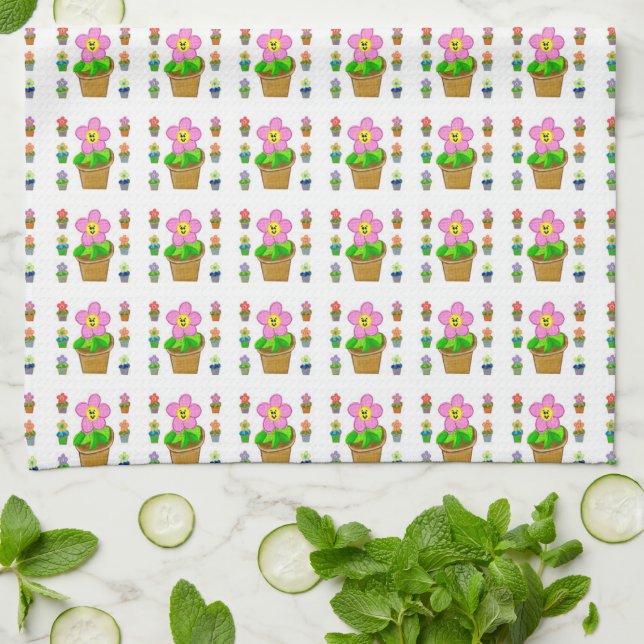 Cute Rosy Posy Potted Flowers Repeating Pattern Tea Towel (Folded)