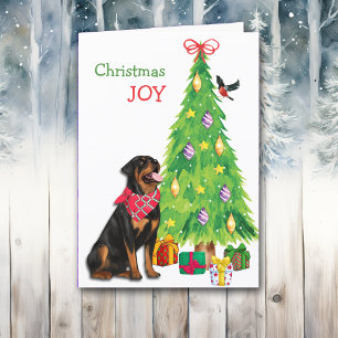 Cute Rottweiler, Bird, and Christmas Tree Holiday Card