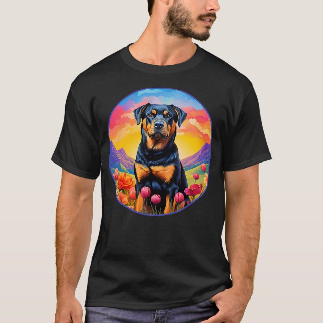 Cute Rottweiler Colorful Flower Mountain Sunset Pu T-Shirt (Front)