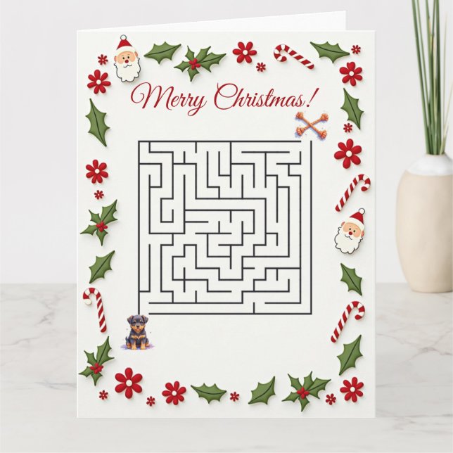 Cute Rottweiler Dog Christmas Maze Puzzle Holiday Card (Front)