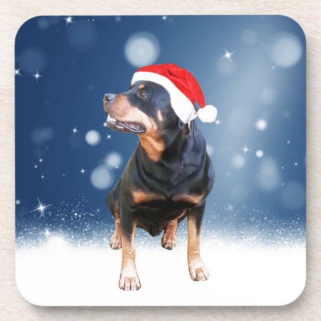 Cute Rottweiler Dog Christmas Santa Hat Snow Stars Coaster (Front)