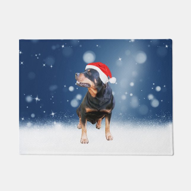 Cute Rottweiler Dog Christmas Santa Hat Snow Stars Doormat (Front)