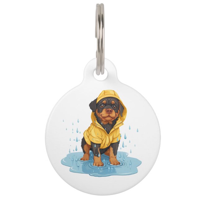 Cute Rottweiler Dog Wearing Raincoat Pet Tag (Front)