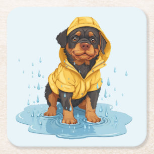 Cute Rottweiler Dog Wearing Raincoat Square Paper Coaster