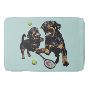 Cute Rottweiler Dogs Playing Tennis Bath Mat