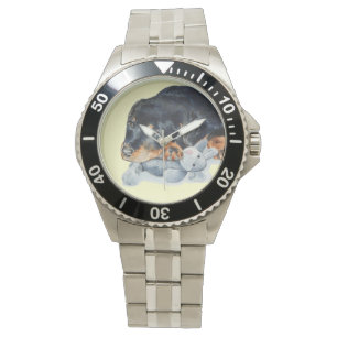 cute rottweiler puppy dog cuddling stuffy watch