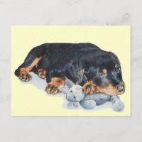 cute rottweiler puppy dog cuddling teddy bear art