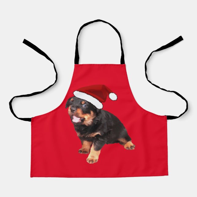Cute Rottweiler Puppy Wearing Cartoon Santa Hat Apron (Front)