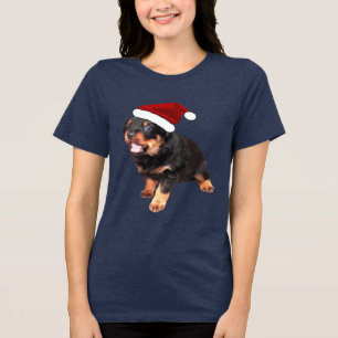 Cute Rottweiler Puppy Wearing Cartoon Santa Hat Tri-Blend Shirt