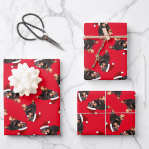 Cute Rottweiler Puppy Wearing Cartoon Santa Hat Wrapping Paper Sheet