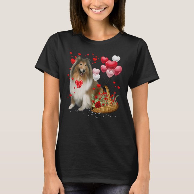 Cute Rough Collie Balloon Heart Valentine's Day Va T-Shirt (Front)