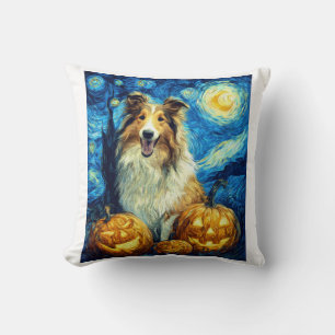 Cute Rough Collie Dog Halloween Jack O Lantern Pum Cushion