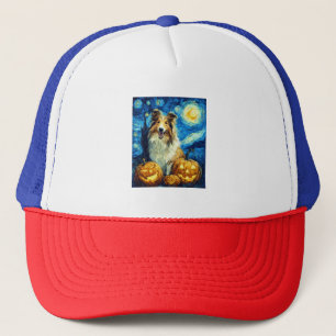 Cute Rough Collie Dog Halloween Jack O Lantern Pum Trucker Hat