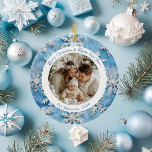Cute Round Blue Snowflake Christmas Photo Ceramic Tree Decoration