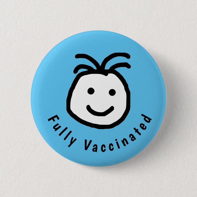 Cute Round Happy Face Fully Vaccinated Text Blue 6 Cm Round Badge (Front)