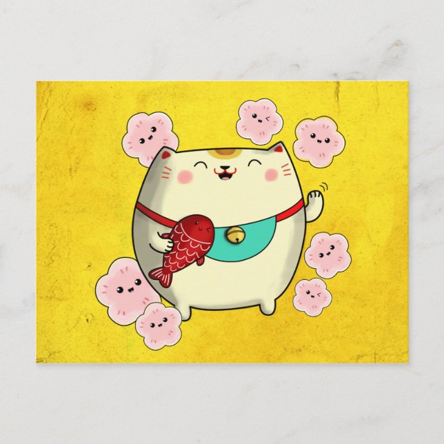 Cute Round Maneki Neko Cat Postcard (Front)
