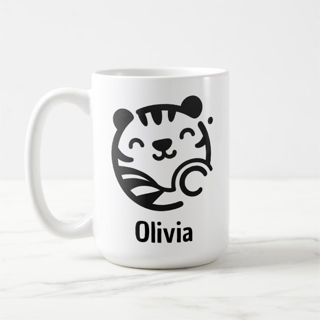 Cute Round Minimalist Kitten Face Coffee Mug (Left)