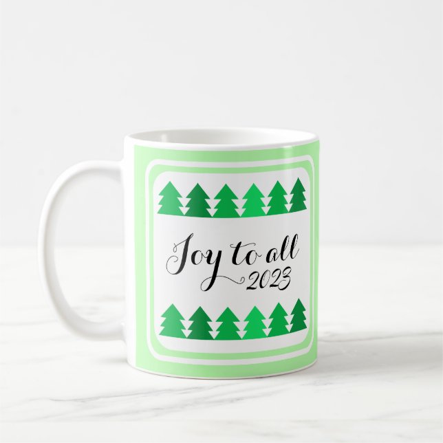 Cute Rows of Green Christmas Trees Joy Custom Year Coffee Mug (Left)