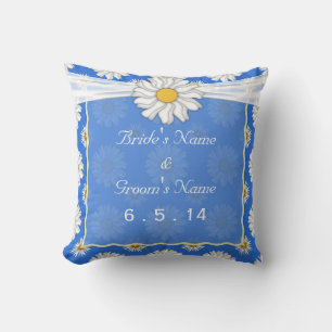Cute Royal Blue and White Floral Daisy Wedding Cushion