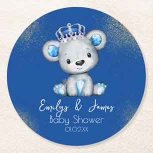 Cute Royal Blue Bear Boy Baby Shower  Round Paper Coaster